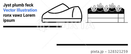 Shoe drawing with clean lines, plant box in side view, abstract placeholder text. Ideal for fashion, footwear, gardening, minimalist art, line art, monochrome aesthetics, website design. Landing page Shoe drawing with clean lines, plant box in side view, abstract placeholder text. Ideal for fashion, footwear, gardening, minimalist art, line art, monochrome aesthetics, website design. Landing page 128321259