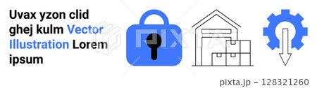 Large blue padlock, warehouse with boxes, and gear with downward arrow symbolize security, storage, and optimization. Ideal for supply chain management, inventory control, digital security, logistics 128321260