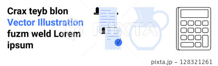 Documents with paper scrolls and checkmarks, a jug, and a calculator. Ideal for business reports, financial planning, office decor, presentations, education materials, infographics, web design 128321261