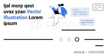 Office worker using a laptop with multiple chat bubbles and text elements. Ideal for modern communication, remote work, digital collaboration, minimalism, productivity, business, workforce. Landing 128321262