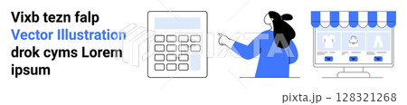 Woman pointing at calculator and storefront on desktop. Ideal for e-commerce, financial planning, online shopping, small businesses, digital marketing, financial services, educational tools. Banner 128321268