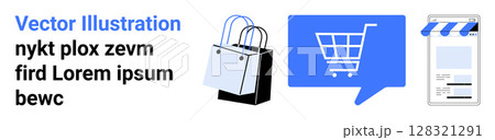 Shopping bags, cart icon in blue speech bubble, and online storefront with awning. Ideal for e-commerce, online shopping, retail, digital stores, business, marketing, web design. Landing page Shopping bags, cart icon in blue speech bubble, and online storefront with awning. Ideal for e-commerce, online shopping, retail, digital stores, business, marketing, web design. Landing page 128321291