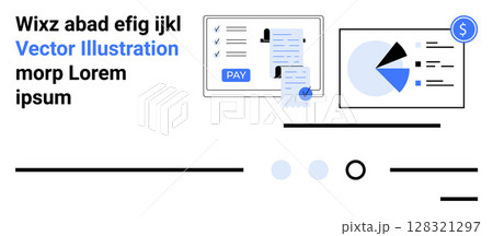 Payment icons, pie charts, and text elements combine in a seamless, minimalistic layout. Ideal for fintech, business analytics, financial reports, digital payments, investment strategies, data 128321297