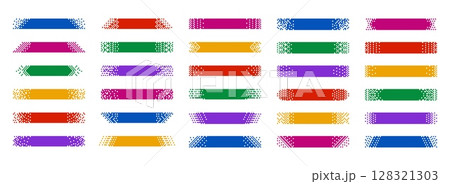 Pixel banner. Header strips with digital dotted patterns, pixelated title frames and 8 bit horizontal label backgrounds. Header and footer layout with mosaic edges isolated vector set 128321303