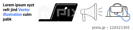 Laptop, megaphone, and backpack paired with a text block. Ideal for tech, marketing, education, travel, productivity, promotions, and website design Landing page 128321305