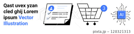 Checkmark document, shopping cart with notification, AI chip. Ideal for e-commerce, technology solutions, customer profiles, artificial intelligence, digital marketing, landing pages. Landing page 128321313