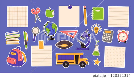 Back to school stickers. Doodle paper note, notebook, school bus, microscope and globe, scissors and star sticker, pen and pencil. Educational elements for student or classroom decor vector set 128321314