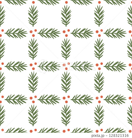 Seamless Christmas pattern with fir branches and red berries. Minimalist winter holiday design on white background. Seamless Christmas pattern with fir branches and red berries. Minimalist winter holiday design on white background. 128321316