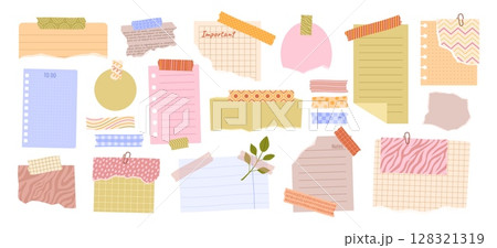 Washi tape notes. Notepaper and decorative tapes, to do list, clipped and taped paper for scrapbooking, planners and memo boards designs. DIY craft isolated vector elements set Washi tape notes. Notepaper and decorative tapes, to do list, clipped and taped paper for scrapbooking, planners and memo boards designs. DIY craft isolated vector elements set 128321319