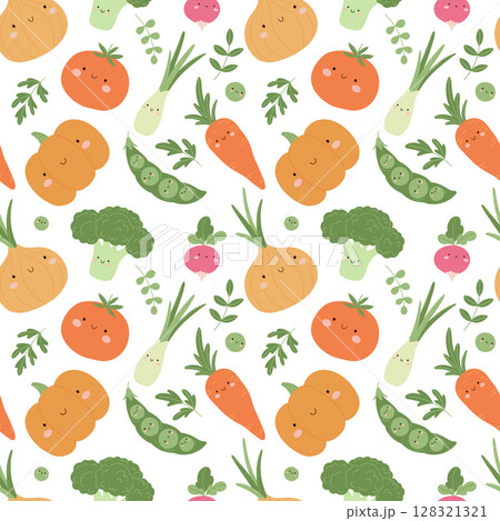 Seamless pattern with cute vegetables and herbs. Kawaii style cartoon broccoli, tomato, pumpkin, onion, carrot, radish, peas, and greenery on white background. 128321321