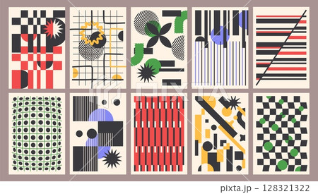 Abstract geometric posters. Contemporary art checkered backgrounds, decorative modern patterns with grid stripes. Trendy wall decor for branding, marketing, social media and interior prints vector set Abstract geometric posters. Contemporary art checkered backgrounds, decorative modern patterns with grid stripes. Trendy wall decor for branding, marketing, social media and interior prints vector set 128321322