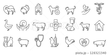 Linear veterinary icons. Animal care and hospital, continuous one line pet health services, stethoscope with paw and veterinary clinic isolated vector illustrations set Linear veterinary icons. Animal care and hospital, continuous one line pet health services, stethoscope with paw and veterinary clinic isolated vector illustrations set 128321340