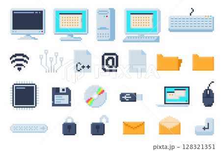 Pixel art computer icons. Tech devices, pixelated computer keyboard and screen, digital file, retro disk, security lock, email, safe and folder symbols. Office equipment 8 bit vector set 128321351