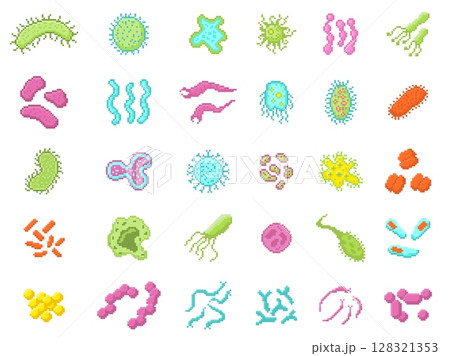 Pixel art bacteria and virus. Microscopic virus, germ, bacillus, microbe shapes and viral molecules. Pixelated microorganism, 8 bit microscope retro game art isolated vector icons Pixel art bacteria and virus. Microscopic virus, germ, bacillus, microbe shapes and viral molecules. Pixelated microorganism, 8 bit microscope retro game art isolated vector icons 128321353