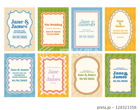 Wavy framed wedding invitation cards. Bridal invite templates with couple names, event dates, and celebratory messages with curly frame borders and pattern backgrounds vector set 128321356