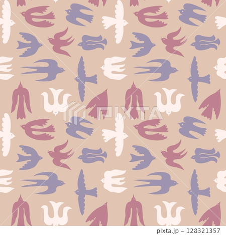 Abstract birds seamless pattern. Flying Scandinavian dove and swallow bird silhouettes for textiles, wallpapers, and home decor designs. Minimal vector background illustration Abstract birds seamless pattern. Flying Scandinavian dove and swallow bird silhouettes for textiles, wallpapers, and home decor designs. Minimal vector background illustration 128321357