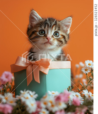 Cute kitten in a floral gift box with a ribbon on an orange background, perfect stock photo Cute kitten in a floral gift box with a ribbon on an orange background, perfect stock photo 128321452