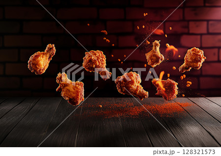 Spicy fried chicken drumsticks on orange and wooden background with pepper in dark setting. Spicy fried chicken drumsticks on orange and wooden background with pepper in dark setting. 128321573