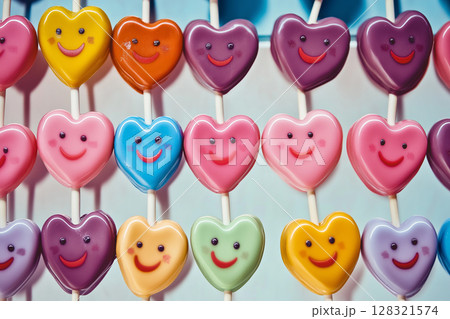 Colorful heart lollipop candy with a smile pattern as a sweet and vibrant background 128321574