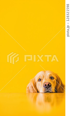 Golden Retriever dog against yellow background - Cute animal portrait featuring adorable pet. 128321598