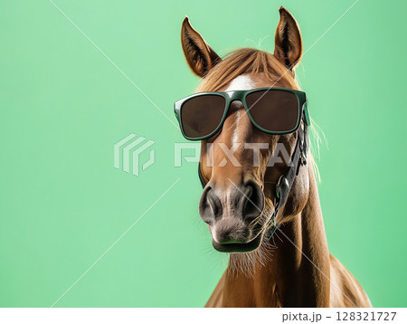 Horse wearing sunglasses: funny animal portrait with green background and equine humor vibe Horse wearing sunglasses: funny animal portrait with green background and equine humor vibe 128321727