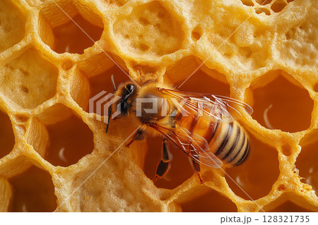 Honeycomb with bee and honey, showcasing natural wax and hexagon pattern in nature imagery Honeycomb with bee and honey, showcasing natural wax and hexagon pattern in nature imagery 128321735
