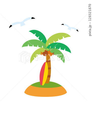 ヤシの木　サーフボード　ココナッツ　カモメ　イラスト 128321870