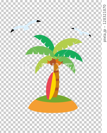 ヤシの木　サーフボード　ココナッツ　カモメ　イラスト 128321870