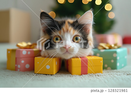 Adorable Calico Cat with Gifts Under the Holiday Tree in a Festive Setting 128321981