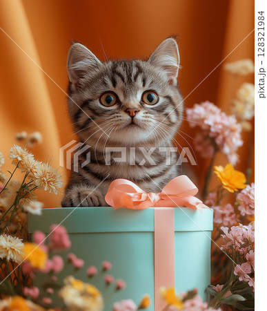 Adorable Scottish kitten in a gift box surrounded by flowers, perfect for a cute cat photo Adorable Scottish kitten in a gift box surrounded by flowers, perfect for a cute cat photo 128321984