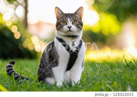 Tabby Cat with Leash and Collar in Nature: A Cute Domestic Animal Portrait in the Grass Tabby Cat with Leash and Collar in Nature: A Cute Domestic Animal Portrait in the Grass 128322015