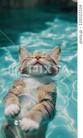 Tabby cat relaxation and swimming in summer pool with pet, water, and sunshine joy 128322104