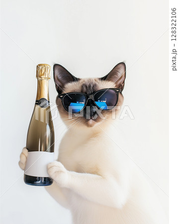 Siamese cat looking cool in sunglasses with champagne, perfect for party and pet stock images Siamese cat looking cool in sunglasses with champagne, perfect for party and pet stock images 128322106
