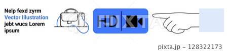 Includes bag symbol with cable, HD video icon in blue, pointing hand gesture. Ideal for web interfaces, app UI design, tech tutorials, online education, video platforms, e-commerce, presentations 128322173
