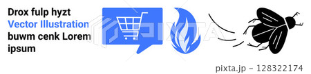Shopping cart icon in a blue speech bubble, flame symbol, and a flying fly. Ideal for ecommerce, online shopping, digital marketing, retail industry, environmental themes, and web design. Landing 128322174
