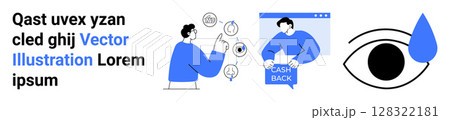 A person interacting with a smartphone, a cashback graphic with a person, and a large eye with a blue drop. Ideal for digital marketing, e-commerce, user interaction, customer support, online A person interacting with a smartphone, a cashback graphic with a person, and a large eye with a blue drop. Ideal for digital marketing, e-commerce, user interaction, customer support, online 128322181