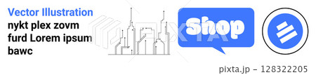 Depicts skyscrapers with a shop text bubble and a circular icon on a white background. Ideal for urban landscapes online shopping e-commerce retail websites. Banner for landing page Depicts skyscrapers with a shop text bubble and a circular icon on a white background. Ideal for urban landscapes online shopping e-commerce retail websites. Banner for landing page 128322205