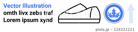 Simple line-art shoe, abstract badge with blue elements, upward arrow, and random placeholder text. Ideal for modern design, footwear themes, abstract art, vector graphics, minimalistic design Simple line-art shoe, abstract badge with blue elements, upward arrow, and random placeholder text. Ideal for modern design, footwear themes, abstract art, vector graphics, minimalistic design 128322221