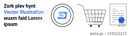 Buy button inside circle, shopping cart, document with blue seal. Ideal for e-commerce, digital marketing, online stores, product promotions, sales campaigns, customer trust, secure transactions Buy button inside circle, shopping cart, document with blue seal. Ideal for e-commerce, digital marketing, online stores, product promotions, sales campaigns, customer trust, secure transactions 128322223