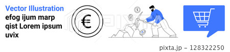 Euro currency symbol, man breaking rocks to reveal coins, blue shopping cart icon in a bubble. Ideal for e-commerce, financial growth, online shopping, business investing, currency exchange, economic Euro currency symbol, man breaking rocks to reveal coins, blue shopping cart icon in a bubble. Ideal for e-commerce, financial growth, online shopping, business investing, currency exchange, economic 128322250