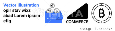Digital wallet filled with coins, e-commerce tag, Bitcoin symbol. Ideal for digital transactions, online shopping, cryptocurrency, modern commerce solutions, fintech, finance apps, and investment 128322257