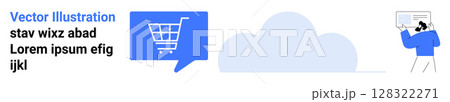 Shopping cart icon in speech bubble, cloud icon, person with analytics dashboard Ideal for e-commerce, cloud storage, data analysis, online shopping, digital marketing, tech support, SaaS 128322271