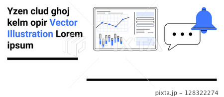 Business analytics dashboard with bar charts, line graph, notification bell, and message icons. Ideal for data analysis, notifications, communication, business insights, marketing strategies 128322274