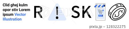 Text, the word RISK with warning triangle, video clapperboard, shopping cart, and dollar sign. Ideal for finance, business strategy, market analysis, e-commerce, project management, education, risk 128322275