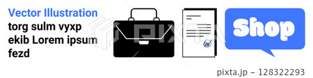 Black briefcase next to a document and a blue shop sign with a speech bubble. Ideal for business, e-commerce, online shopping, corporate identity, and marketing. Banner landing page Black briefcase next to a document and a blue shop sign with a speech bubble. Ideal for business, e-commerce, online shopping, corporate identity, and marketing. Banner landing page 128322293