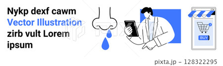 Male analyst with tablet device analyzing e-commerce trends, running nose icon, text elements. Ideal for e-commerce strategies, digital marketing, medical apps, tech support, online retail, health 128322295