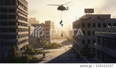 夕暮れの廃墟都市に降下する特殊部隊 128322297