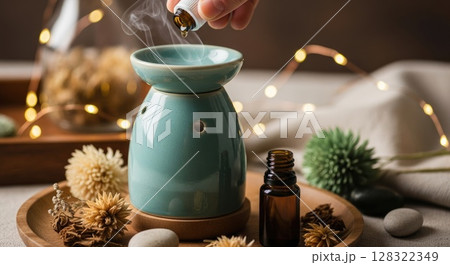 Hand Adding Essential Oil to Boho Diffuser Hand Adding Essential Oil to Boho Diffuser 128322349