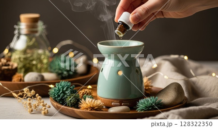 Hand Adding Essential Oil to Boho Diffuser Hand Adding Essential Oil to Boho Diffuser 128322350