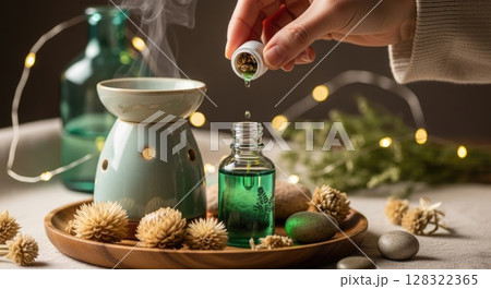 Hand Adding Essential Oil to Boho Diffuser Hand Adding Essential Oil to Boho Diffuser 128322365